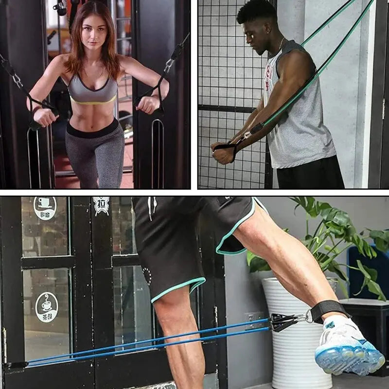 WaveGear Inc. resistance bands with handles for exercise, showing flexible elastic bands with ergonomic handles in a workout setting.
