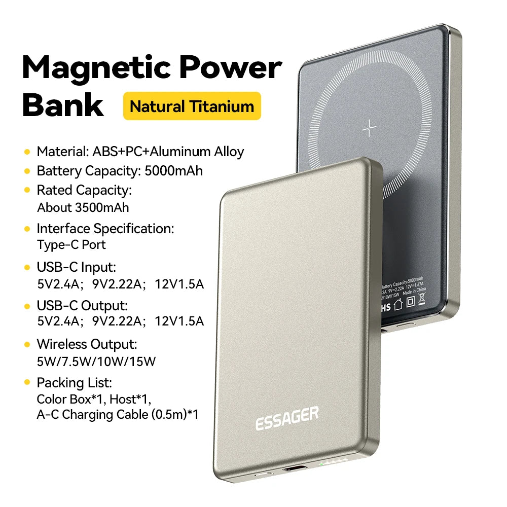 WaveGear Inc. Essager Thin Wireless Power Bank with sleek design and USB-C port for portable charging on the go.