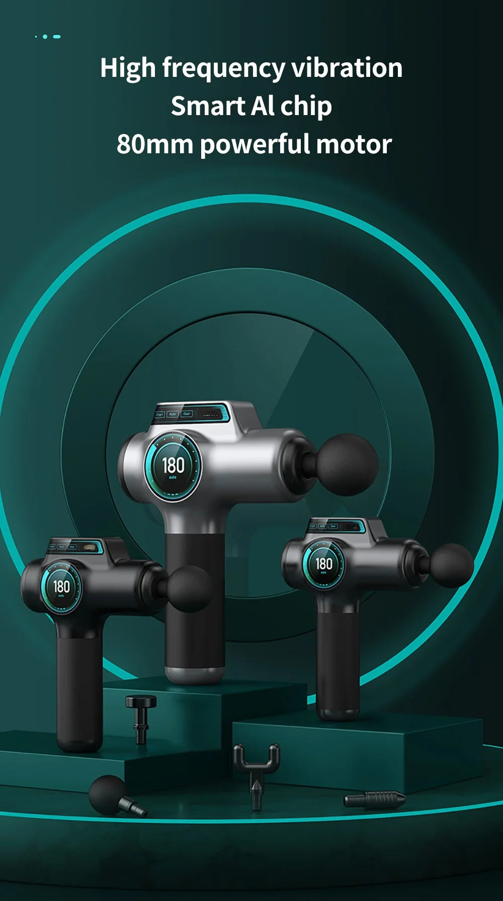 WaveGear Inc. professional muscle massage gun, a handheld exercise tool with multiple attachments for muscle recovery and relaxation.