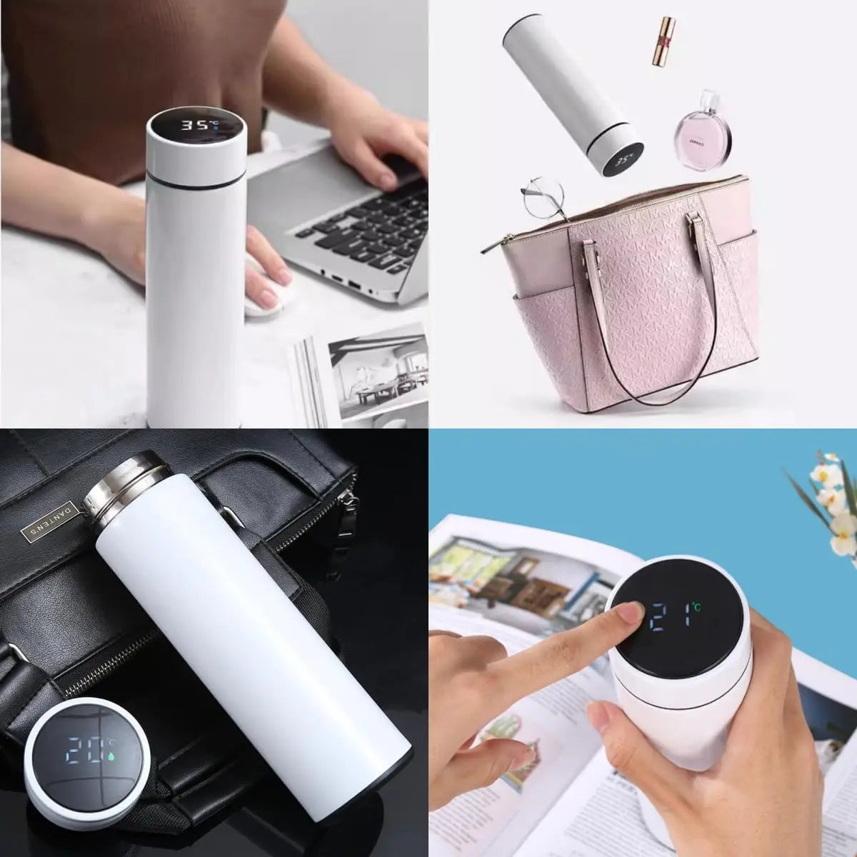WaveGear Inc. temperature display thermos cup for exercise, showing digital temperature readout and sleek design.