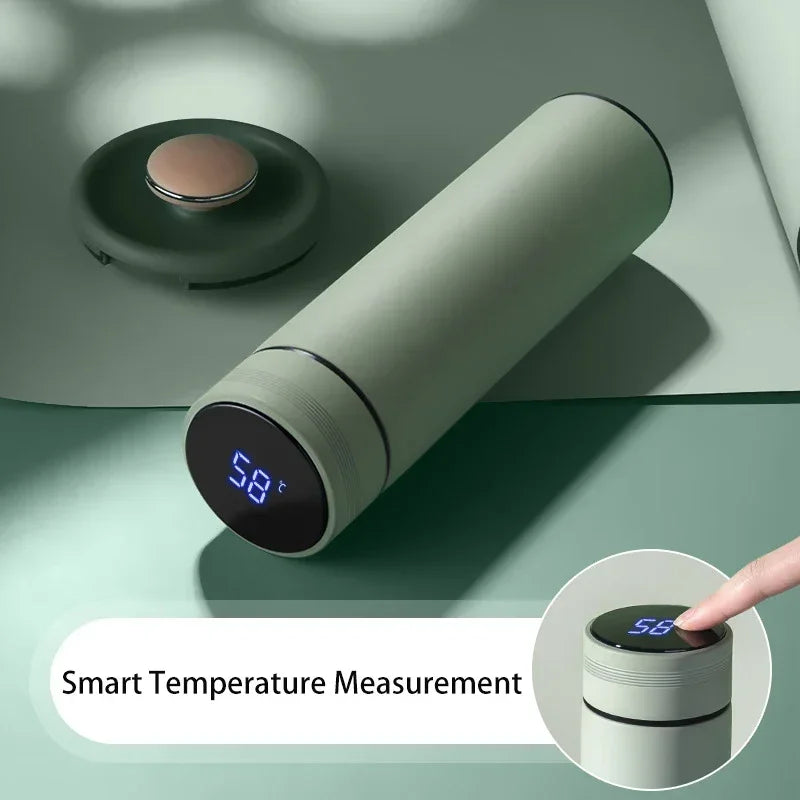WaveGear Inc. temperature display thermos cup for exercise, showing digital temperature readout and sleek design.