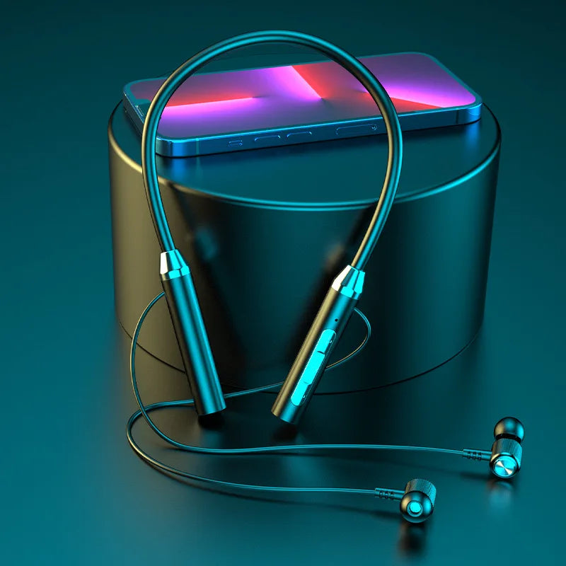 WaveGear Inc. wireless Bluetooth neckband earbuds with sleek design and in-ear fit, ideal for hands-free music and calls.