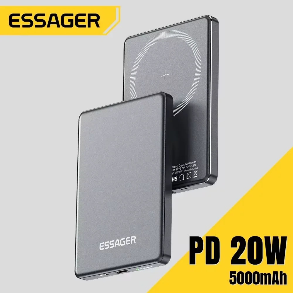 WaveGear Inc. Essager Thin Wireless Power Bank showing sleek black design with charging ports and wireless charging pad on top.
