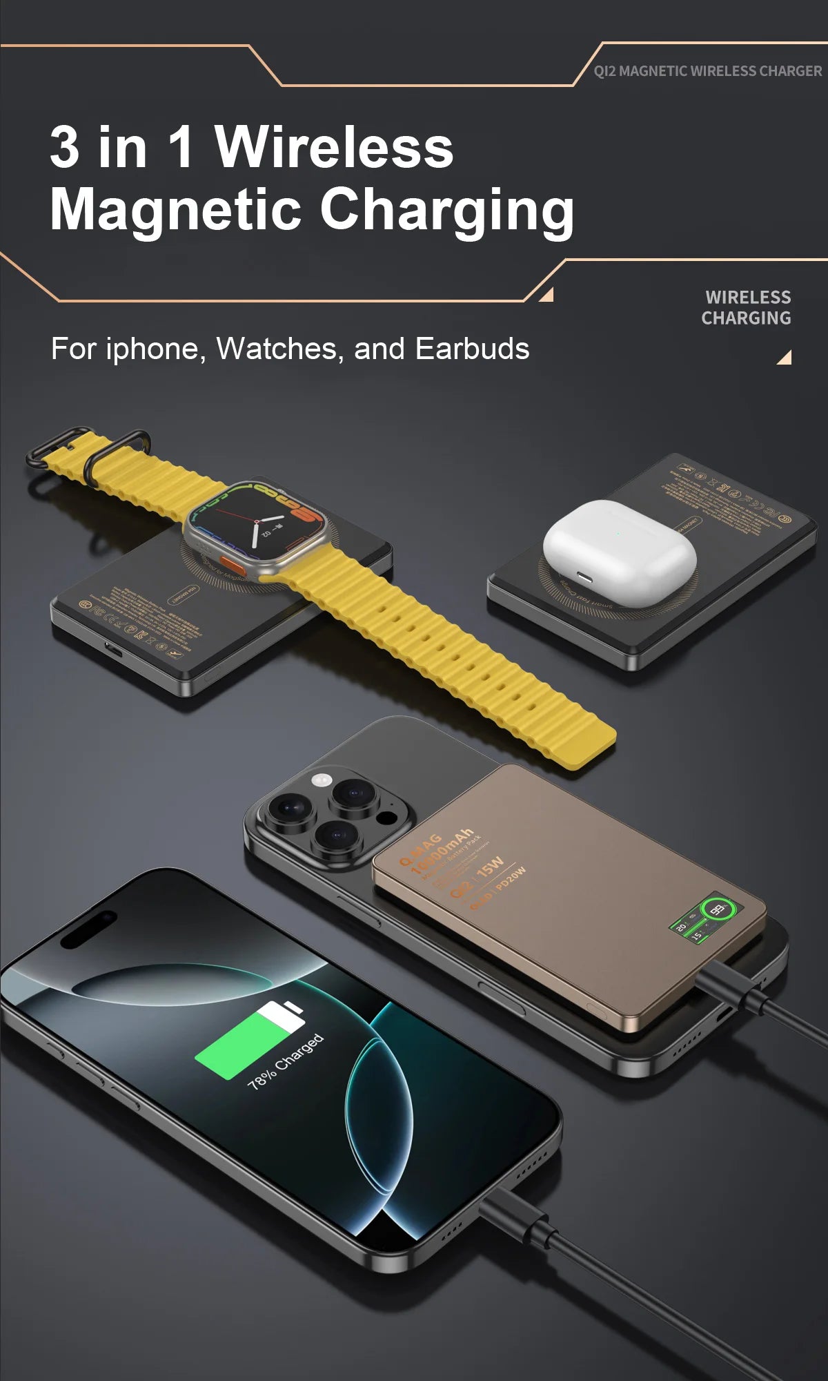 WaveGear Inc. IonVault™ magnetic wireless powerbank with sleek design, showing the magnetic charging surface and compact form.