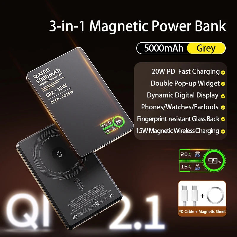 IonVault™ Magnetic Wireless Powerbank by WaveGear Inc.™ showing its sleek design with magnetic charging surface and compact portable build.