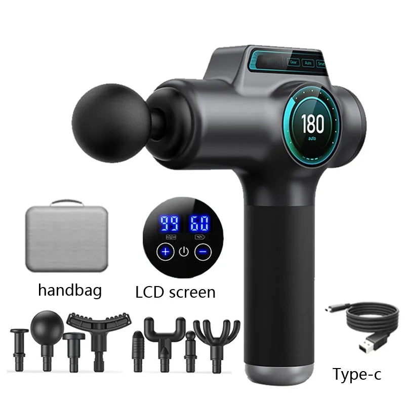 WaveGear Inc. professional muscle massage gun for muscle recovery and relaxation, shown with ergonomic handle and multiple attachments.