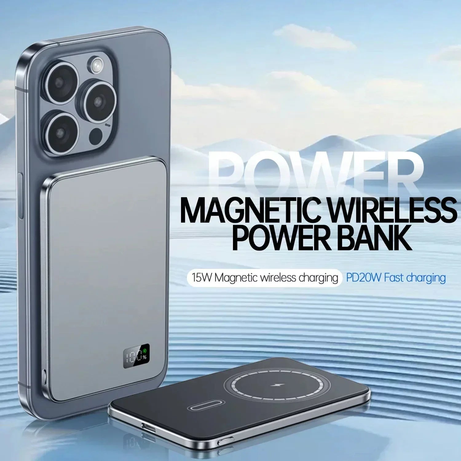 WaveGear Inc. magnetic wireless fast charging portable power bank with sleek design and built-in wireless charging pad.