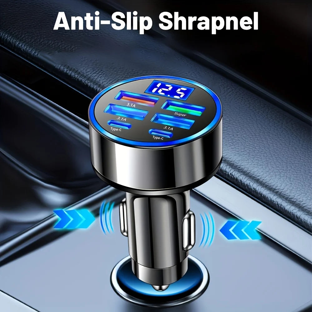 WaveGear Inc. AutoCharge™ 6-in-1 fast charging car adapter with multiple USB ports for quick device charging.