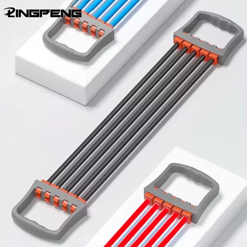 Full body workout band from WaveGear Inc. showing the elastic exercise gear coiled and ready for strength training exercises.