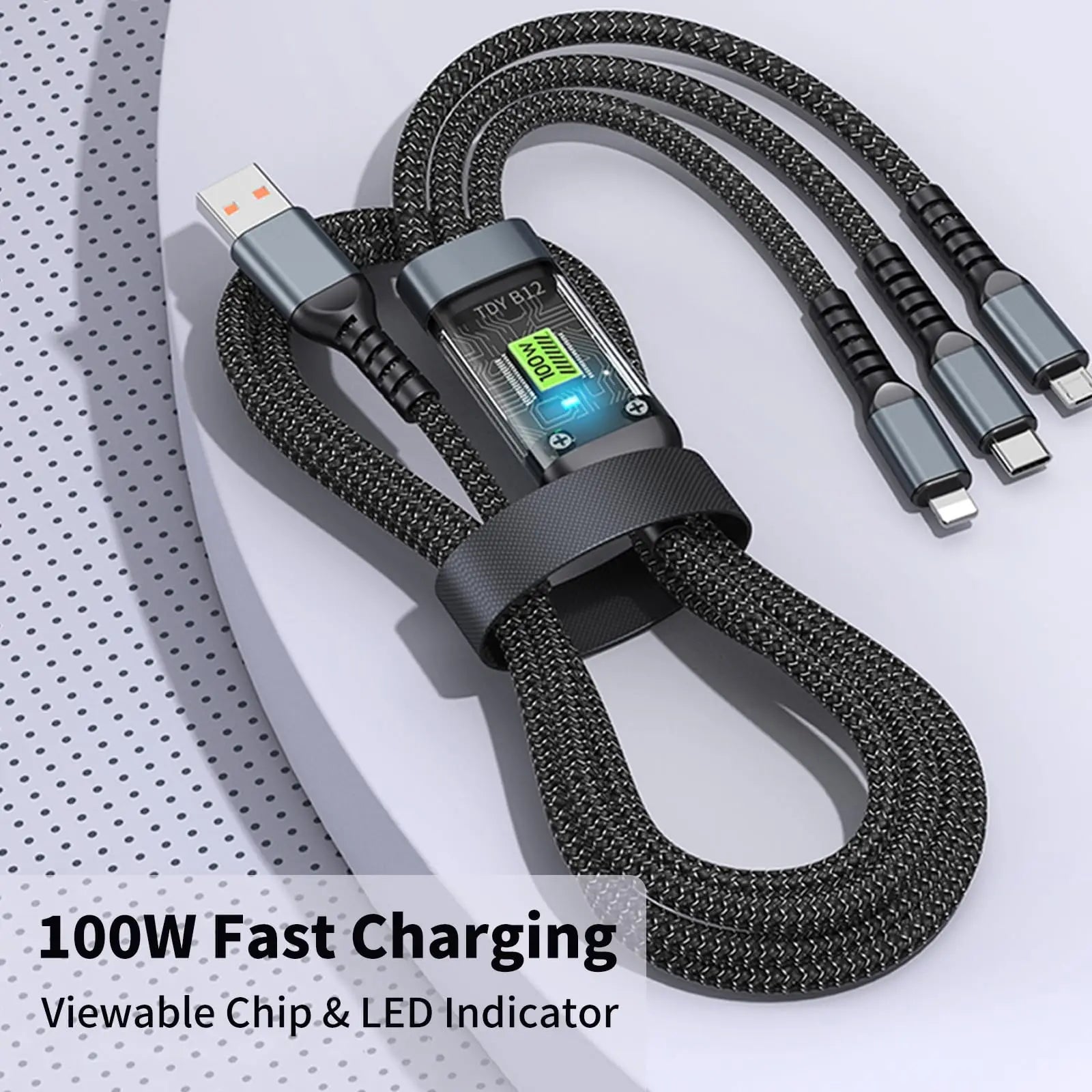 WaveGear Inc. TorqueCharge™ fast charging universal cable shown with USB connectors and durable braided design.