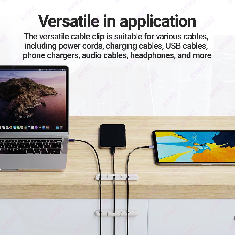 WireNest™ Adhesive Cable Holder by WaveGear Inc.™ secures and organizes cables with a sleek, transparent design on a flat surface.