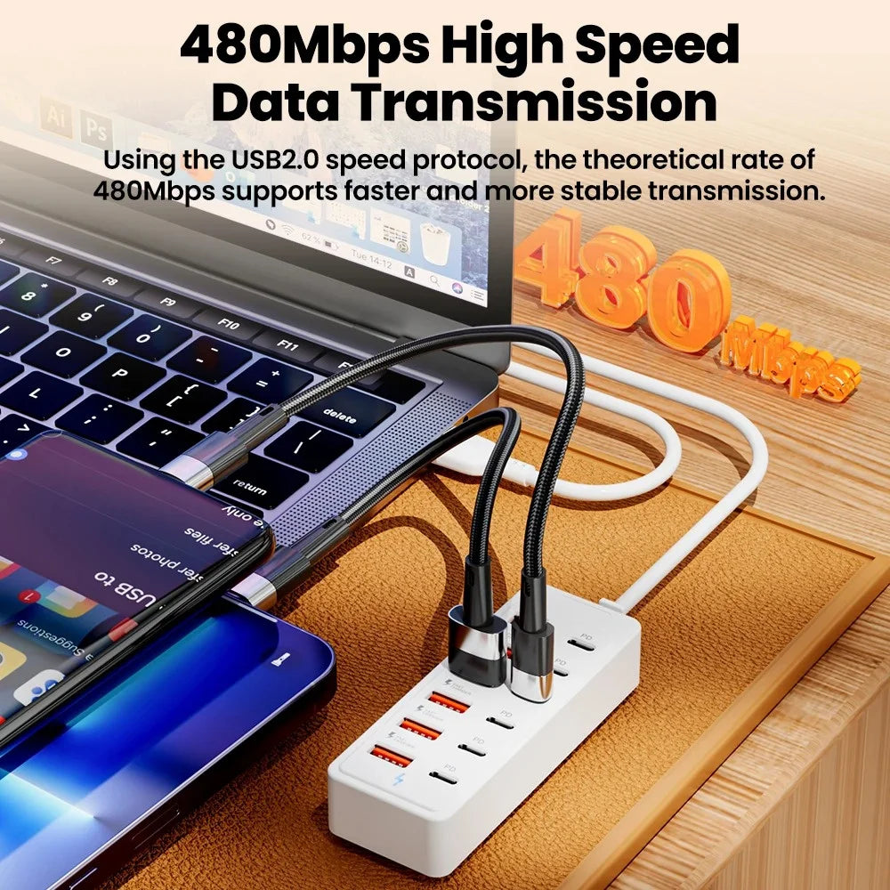WaveGear Inc. desktop power strip with multiple USB and AC ports for charging devices efficiently