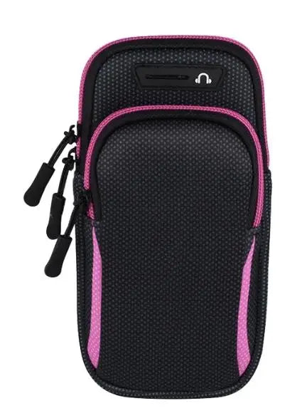 WaveGear Inc. universal smartphone arm band in black, designed for travel, with adjustable strap and secure pocket for phones.