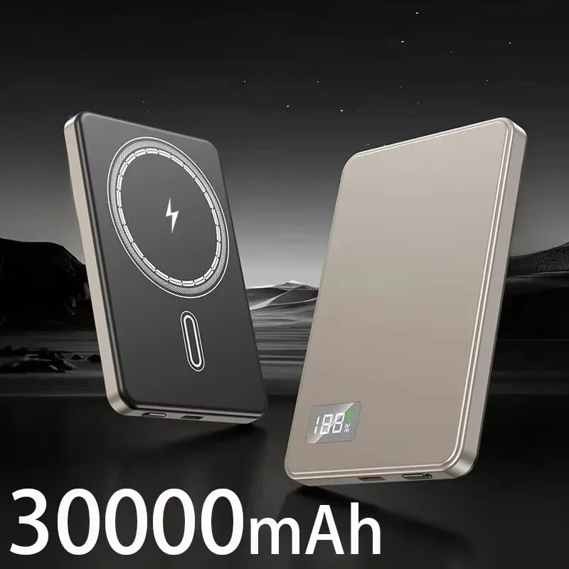 WaveGear Inc. magnetic wireless fast charging portable power bank with sleek design and built-in wireless charging pad.