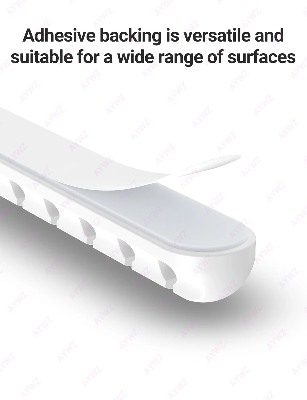 WaveGear Inc. WireNest™ adhesive cable holder showing a clear plastic clip with cable secured for organization.