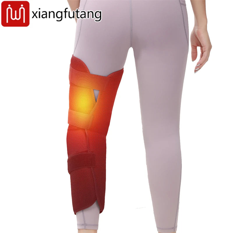 WaveGear Inc. leg heating pad with vibration massager, showing adjustable straps and heating controls for targeted leg relief.