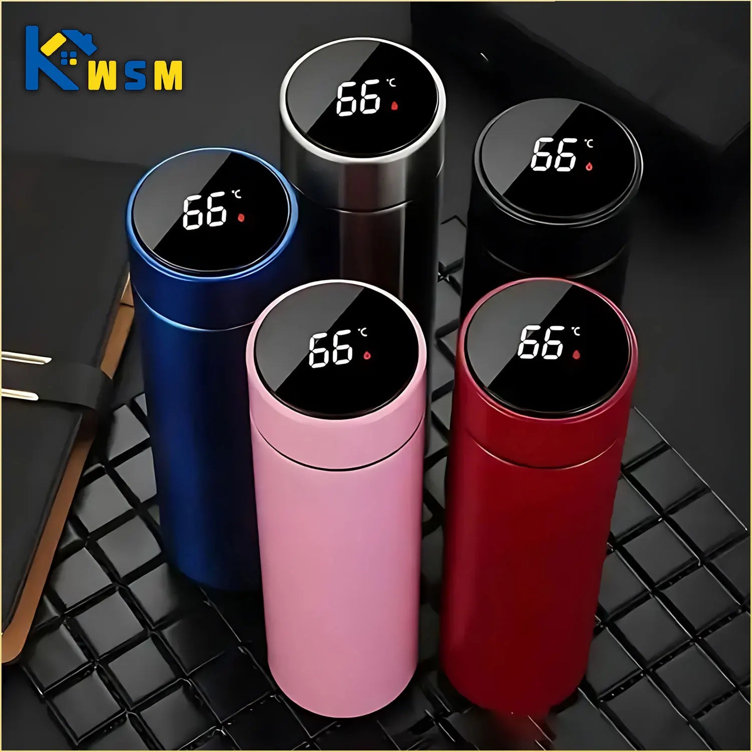 WaveGear Inc. temperature display thermos cup for exercise, showing digital temperature readout and sleek design in the image.