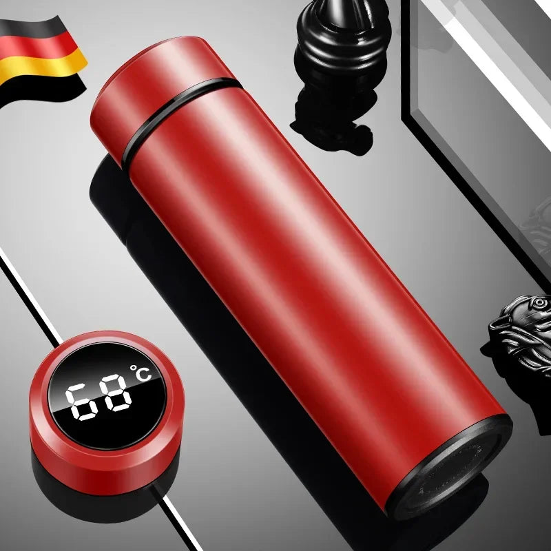 WaveGear Inc. temperature display thermos cup for exercise, showing digital temperature readout on sleek sports bottle.