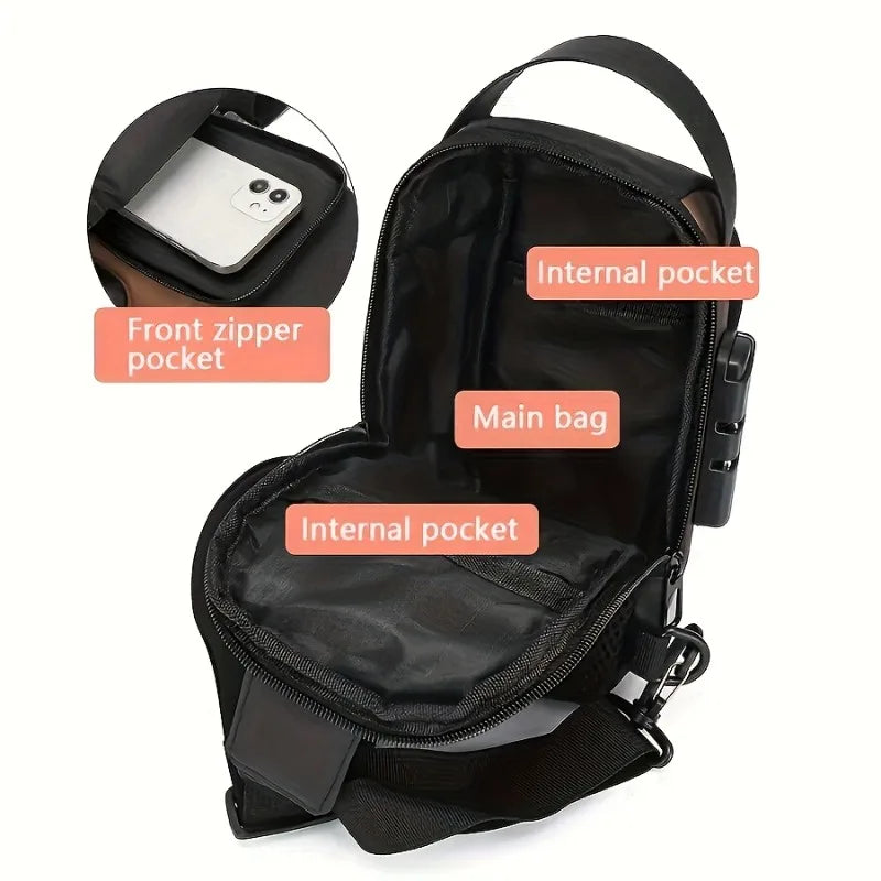 WaveGear Inc. anti-theft sling bag for travel, durable design with secure compartments and adjustable strap, shown in black.