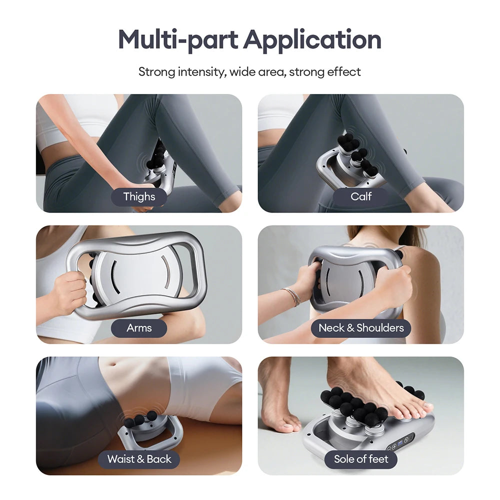 WaveGear Inc. 30-heads body massage gun for muscle relaxation and recovery, shown with multiple interchangeable massage heads.