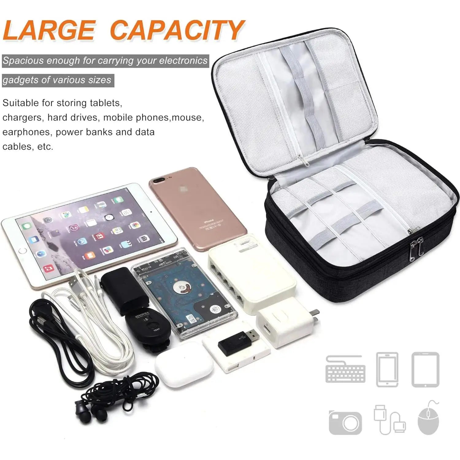 WaveGear Inc. portable digital storage travel bag with multiple compartments and secure zippers for electronics and accessories.