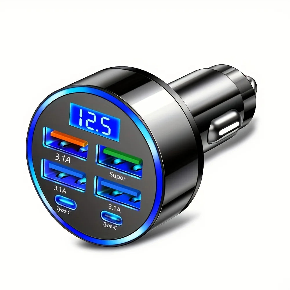 WaveGear Inc. AutoCharge™ 6-in-1 fast car charger adapter with multiple USB ports for quick device charging.