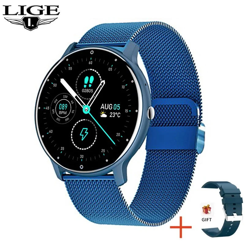 WaveGear Inc. LIGE smart watch with full touch screen and Bluetooth fitness tracking features, shown in a sleek black design.