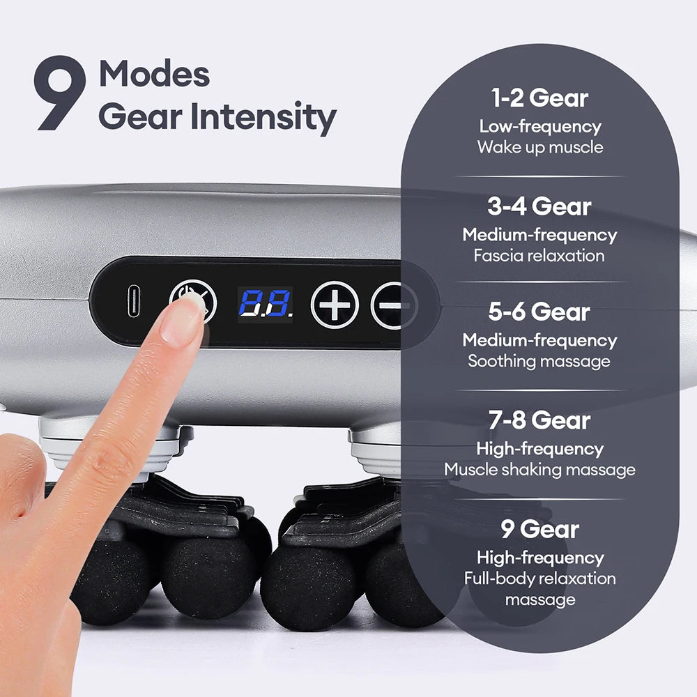 WaveGear Inc. 30-head body massage gun for deep tissue relief and muscle recovery, featuring multiple massage attachments.