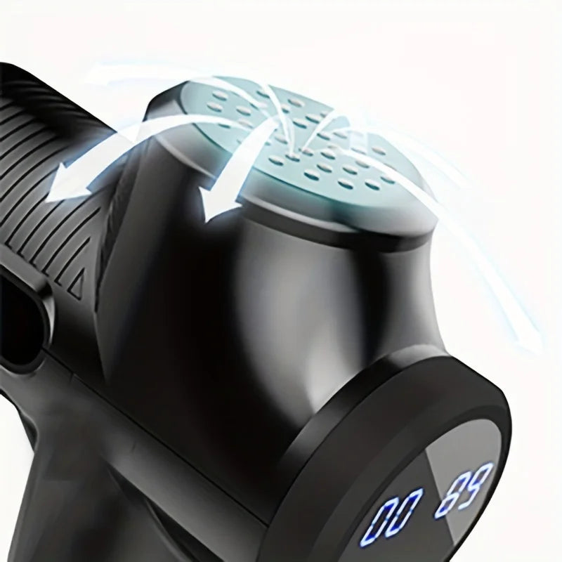 WaveGear Inc. deep tissue muscle relaxation massage gun with ergonomic handle and multiple attachment heads for targeted therapy.