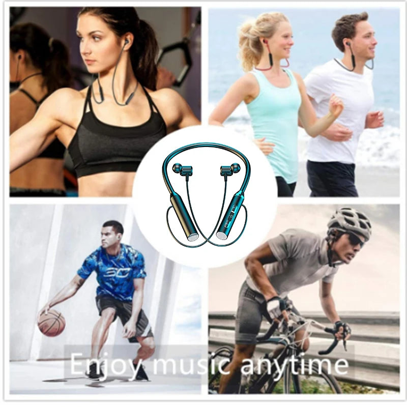 WaveGear Inc. wireless Bluetooth neckband earbuds with sleek design, showing the earbuds resting around the neck.