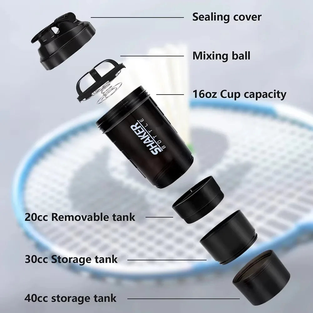 WaveGear Inc. 3-layer shaker mixing water bottle with secure lid and ergonomic design for fitness and sports hydration.