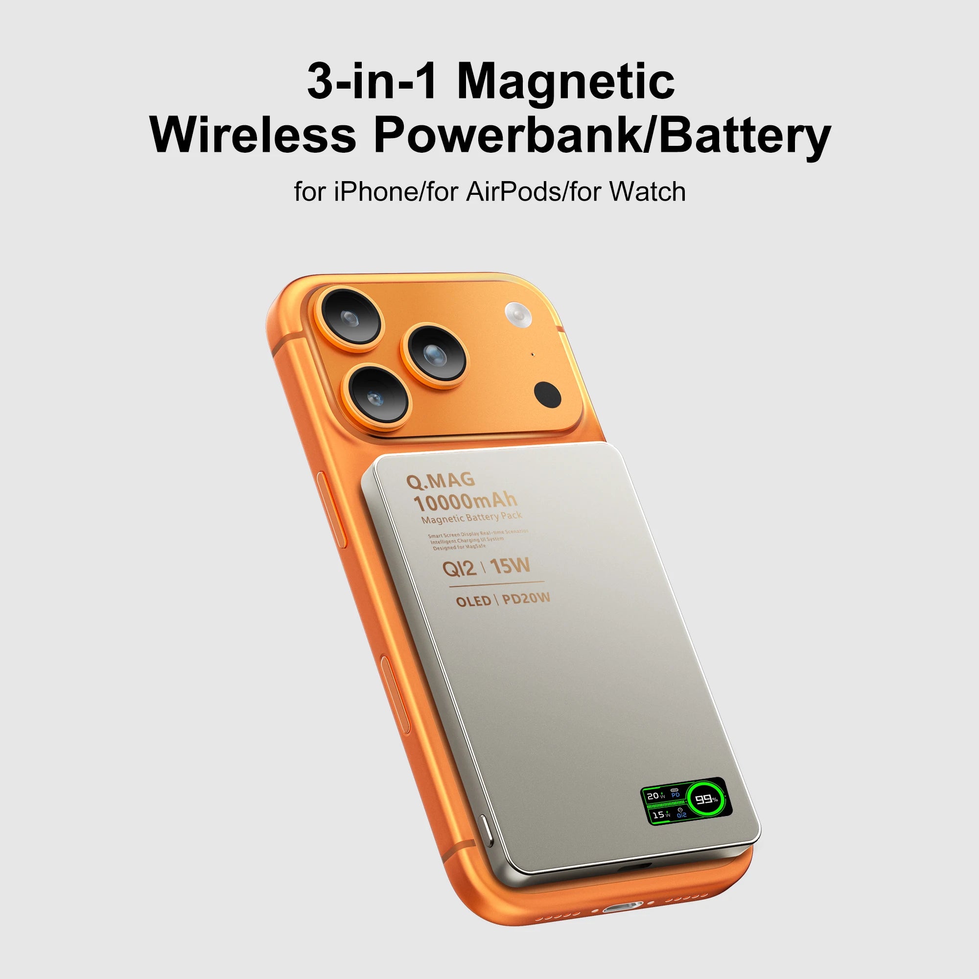 WaveGear Inc. IonVault™ magnetic wireless powerbank with sleek design and magnetic charging pad, shown in close-up view.