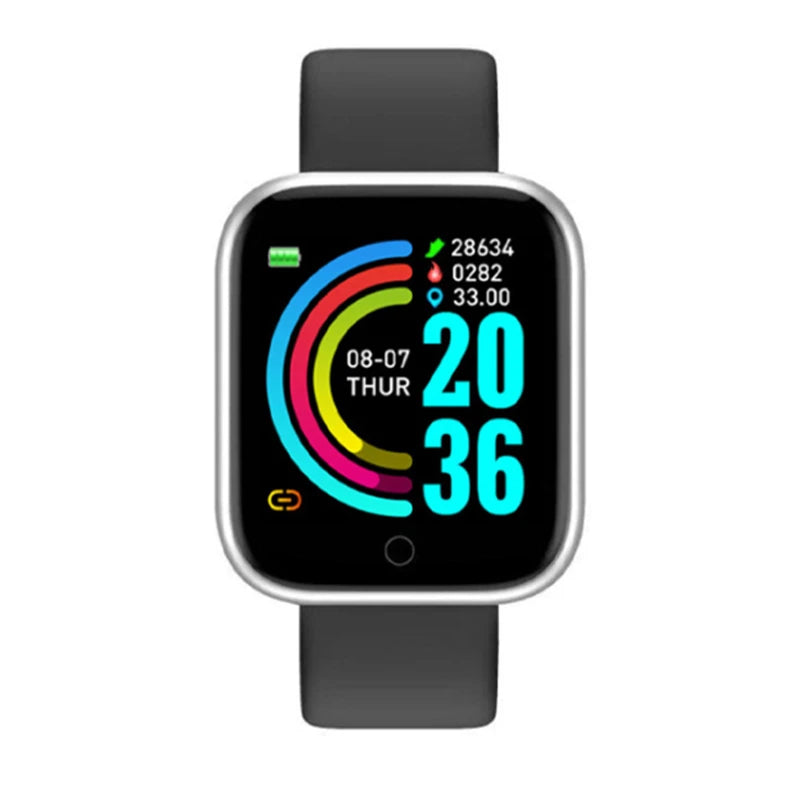 WaveGear Inc. fitness tracking smartwatch showing digital display, heart rate monitor, and activity stats on a sleek black watch face.