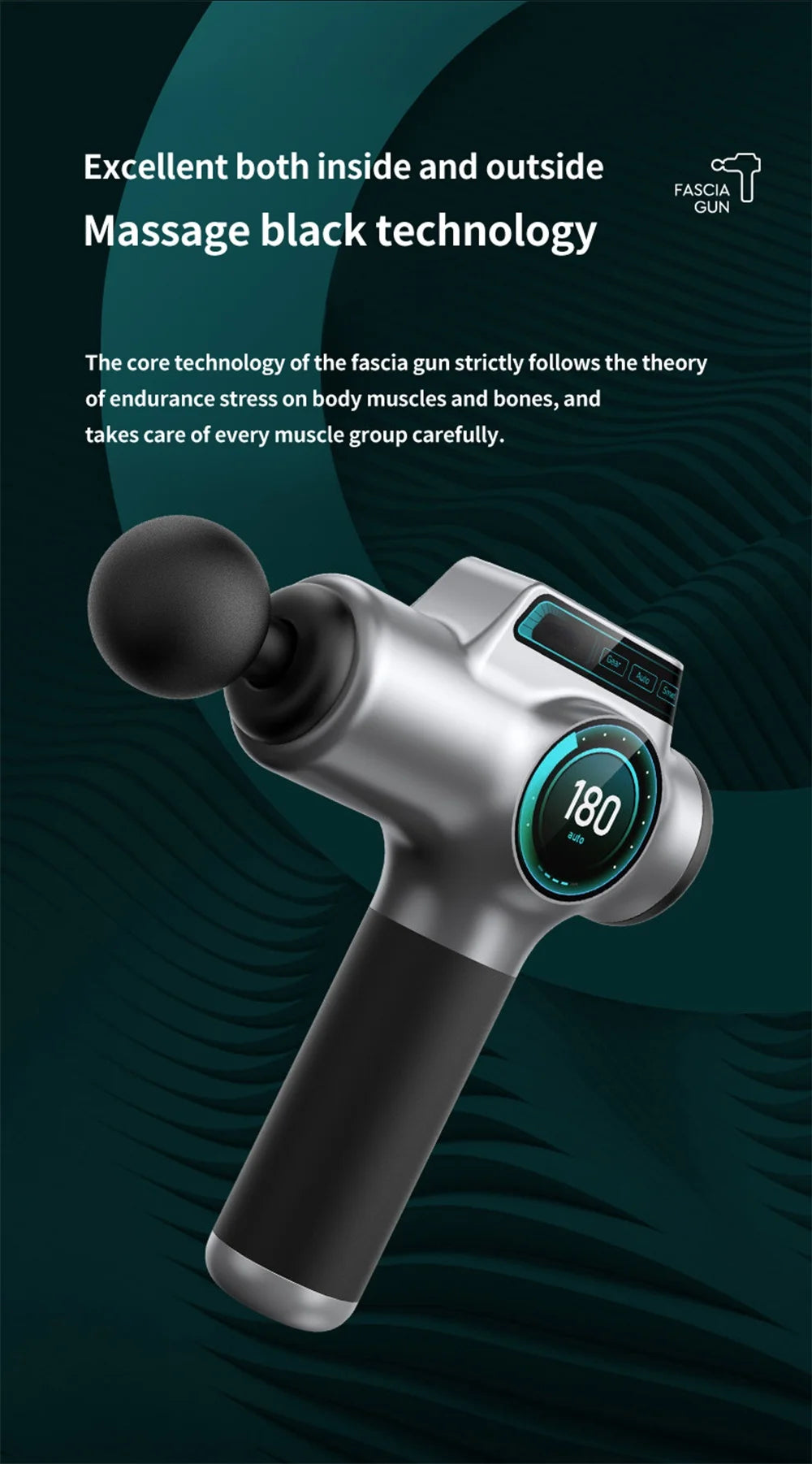 WaveGear Inc. professional muscle massage gun for exercise recovery, with ergonomic handle and multiple attachment heads visible.