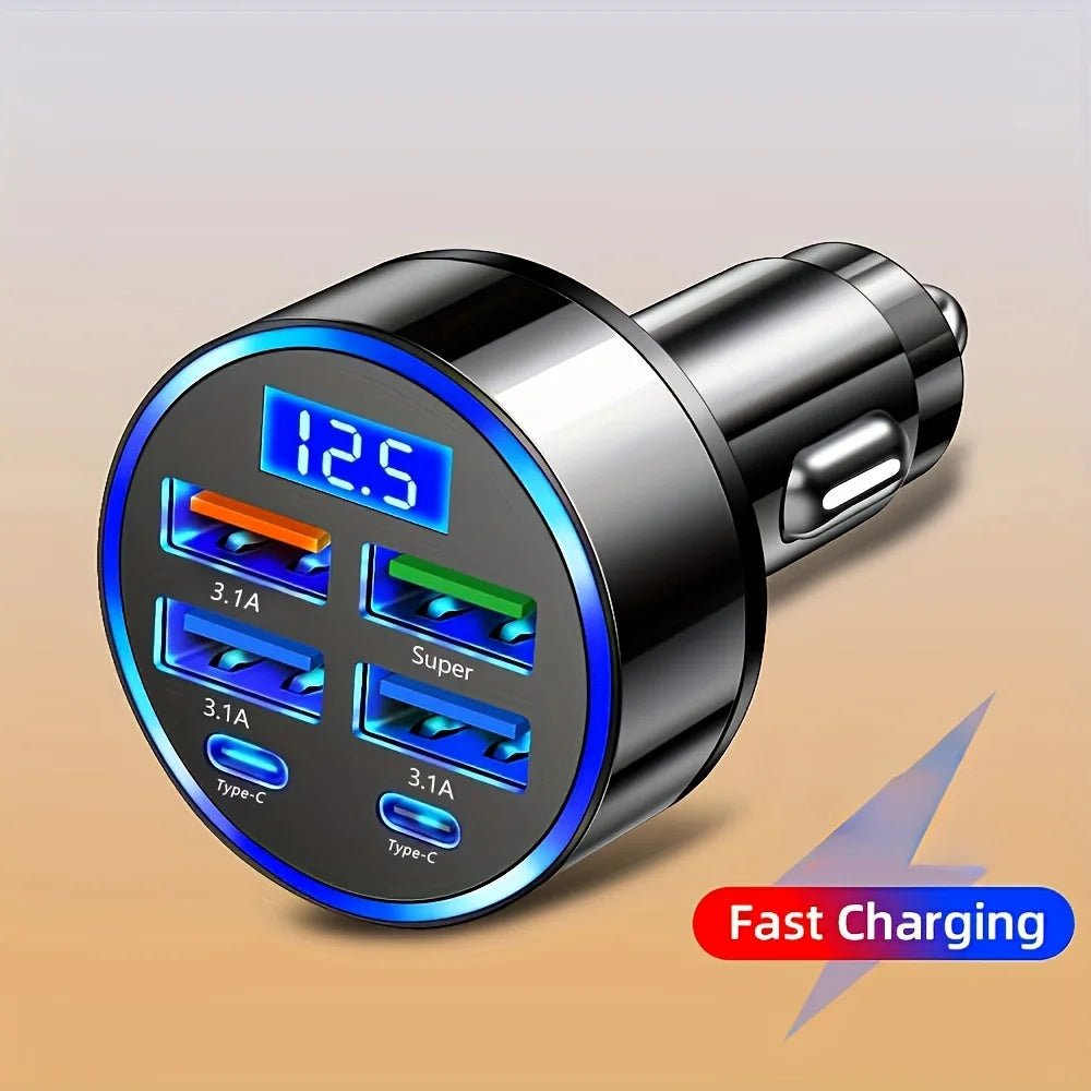 WaveGear Inc. AutoCharge 6-in-1 fast charging car adapter with multiple USB ports and sleek design, shown plugged into a vehicle's cigarette lighter.
