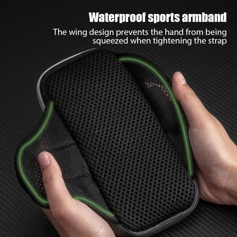 WaveGear Inc. universal smartphone arm band in black, designed for travel, with adjustable strap and secure pocket for smartphones.