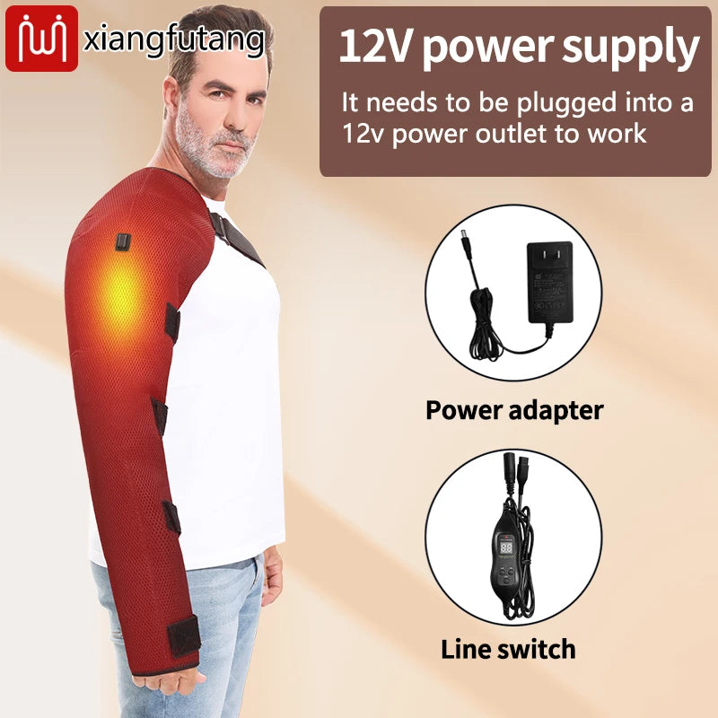 WaveGear Inc. long arm heating pad with vibration massager for exercise relief, showing padded arm cover and control buttons.