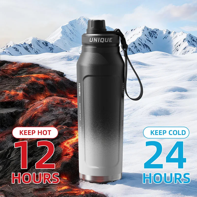 WaveGear Inc. insulated outdoor thermos water bottle with stainless steel design, keeps drinks hot or cold, outdoors-ready.