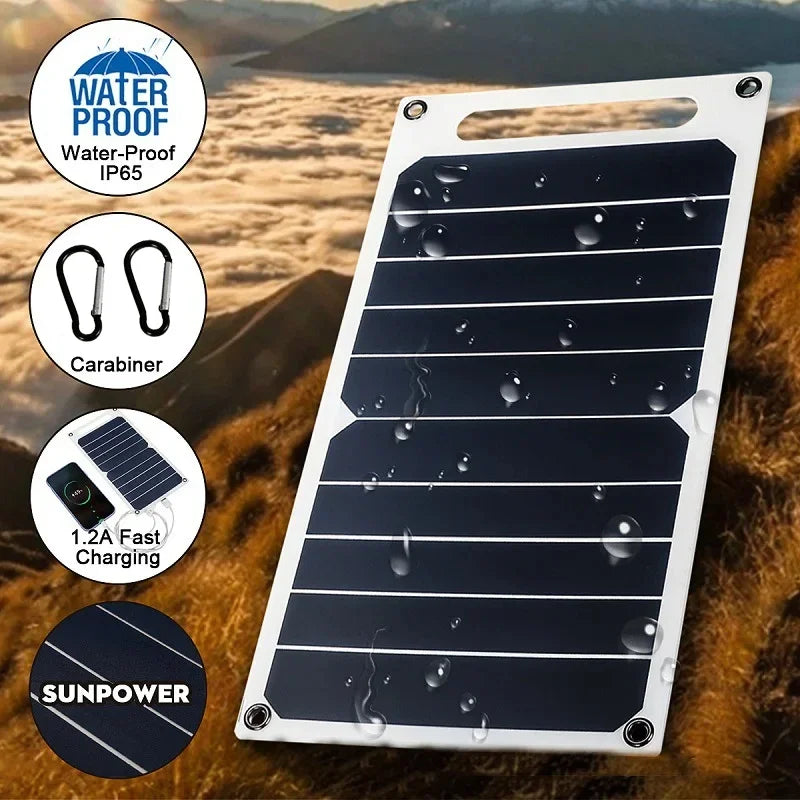 WaveGear Inc. 30W solar panel with USB port, compact exercise gear accessory for portable solar charging outdoors.