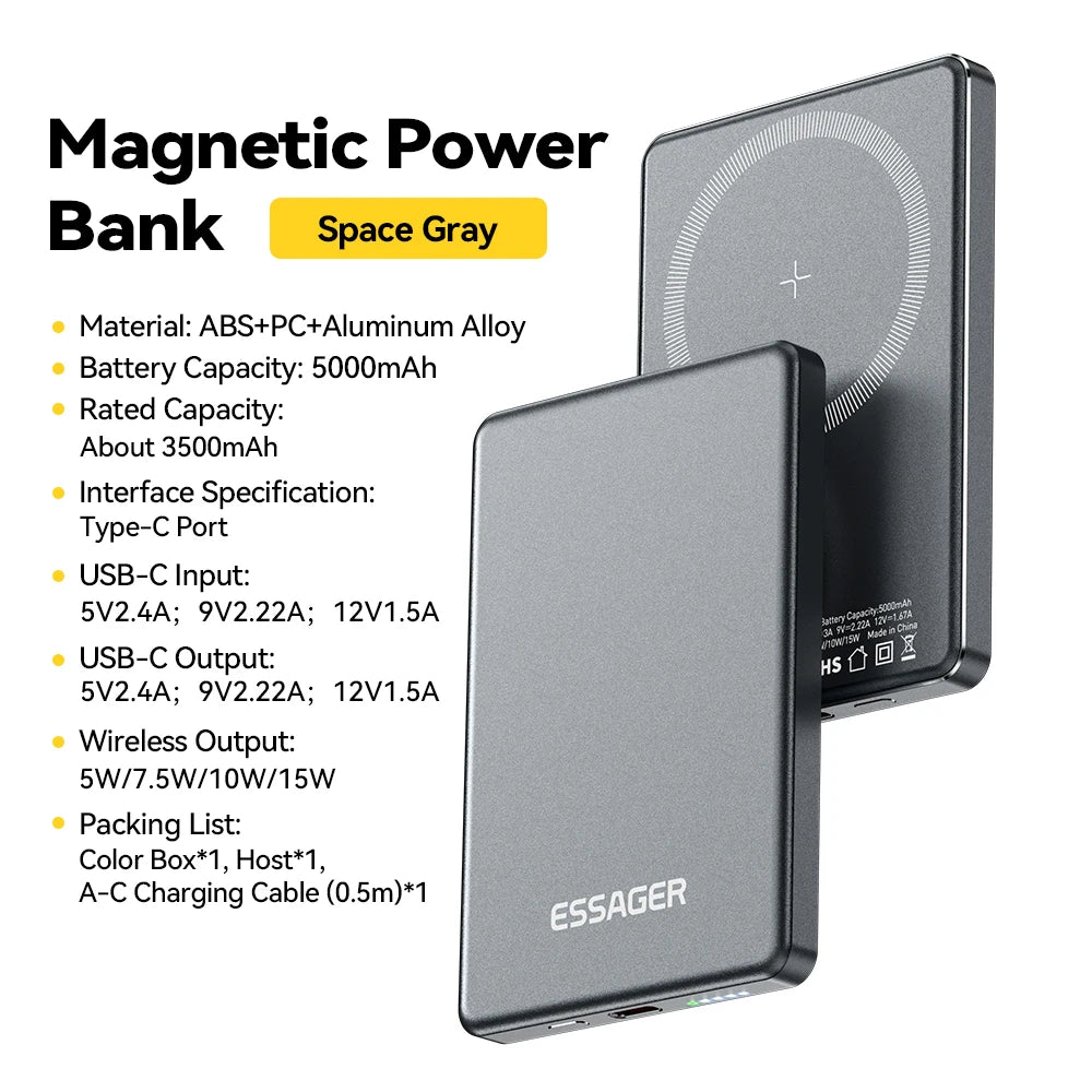 WaveGear Inc. Essager Thin Wireless Power Bank showing sleek design with charging ports and wireless charging pad on a white background.