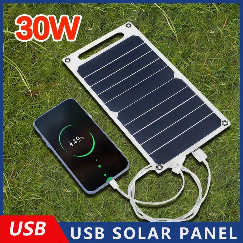 WaveGear Inc. 30W solar panel with USB port for portable solar power, shown with exercise gear setup and outdoor environment.