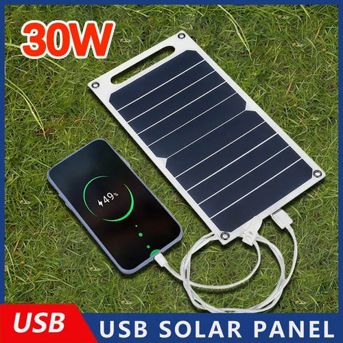 WaveGear Inc. 30W solar panel with USB port for portable solar power, shown with exercise gear setup and outdoor environment.