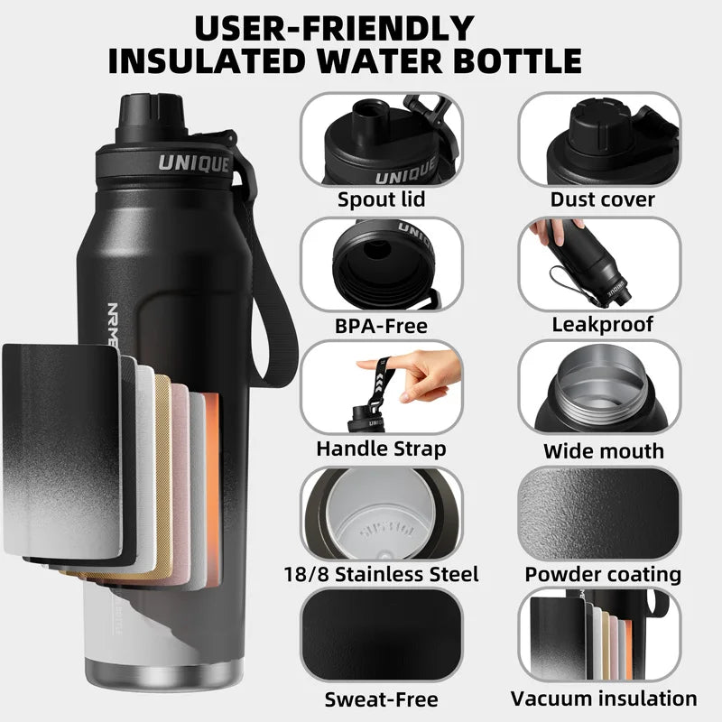 WaveGear Inc. insulated outdoor thermos water bottle with stainless steel body and screw-on lid, designed for hot and cold beverages.