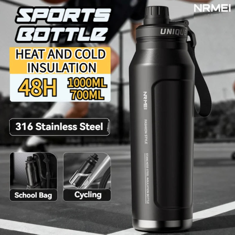 Insulated WaveGear Inc. outdoor thermos water bottle with a sleek design, stainless steel body, and leak-proof cap for hot or cold drinks