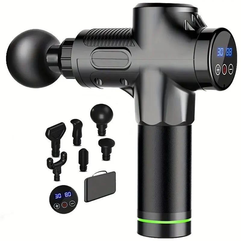 WaveGear Inc. deep tissue muscle relaxation massage gun with ergonomic design and multiple attachments for targeted muscle relief.