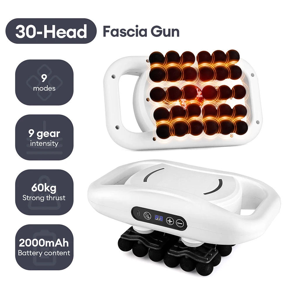 WaveGear Inc. 30-heads body massage gun for exercise recovery, featuring multiple massage heads for targeted muscle relief.