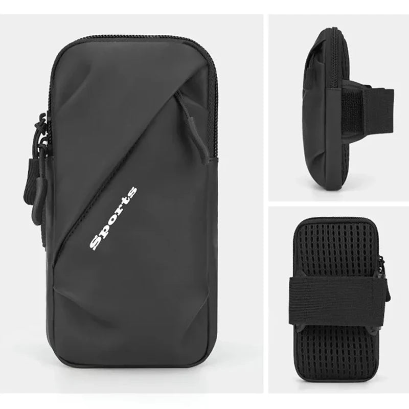 WaveGear Inc. waterproof phone holder jogging bag for running and travel, with secure adjustable strap and transparent touchscreen window.