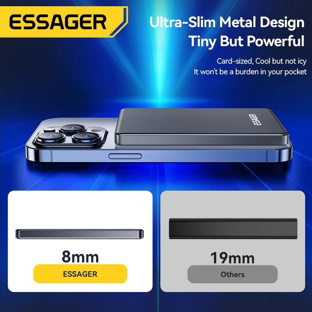 WaveGear Inc. Essager Thin Wireless Power Bank showing sleek design with charging ports and wireless charging surface.