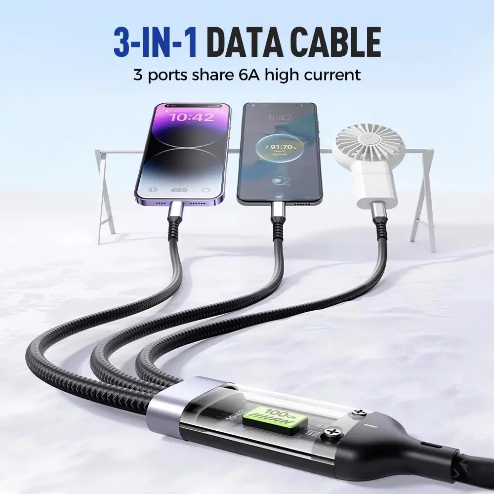 WaveGear Inc.™ TorqueCharge™ fast charging universal cable with braided nylon exterior and multiple connector tips for versatile device charging.