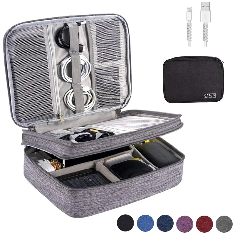 WaveGear Inc. portable digital storage travel bag with multiple compartments and sturdy zipper for secure electronics storage.
